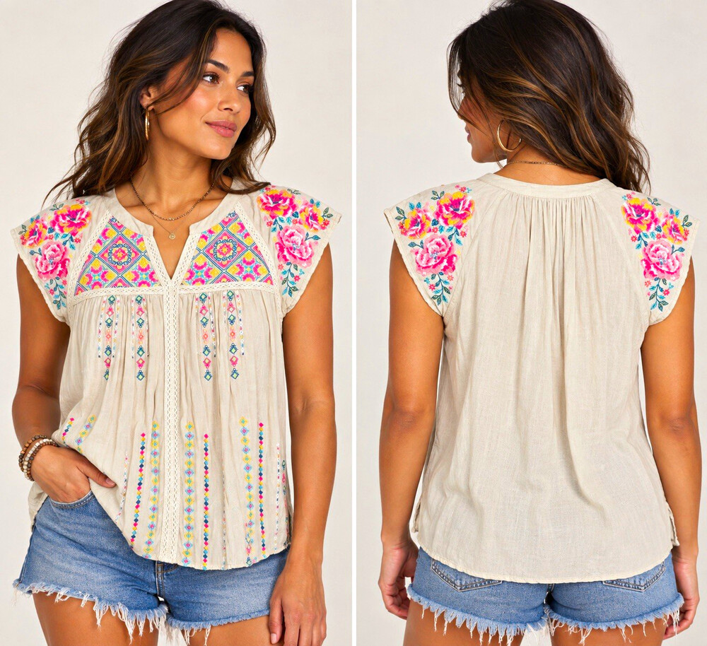 Savanna Jane Blouse S Embroidered Floral Boho Peasant Top Crochet Rayon Hippy